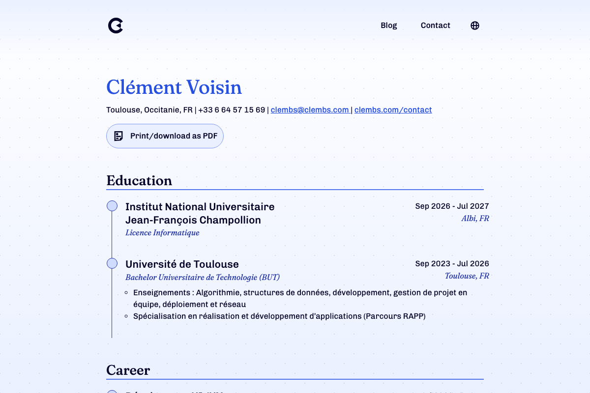 Screenshot of clembs.com/en/resume
