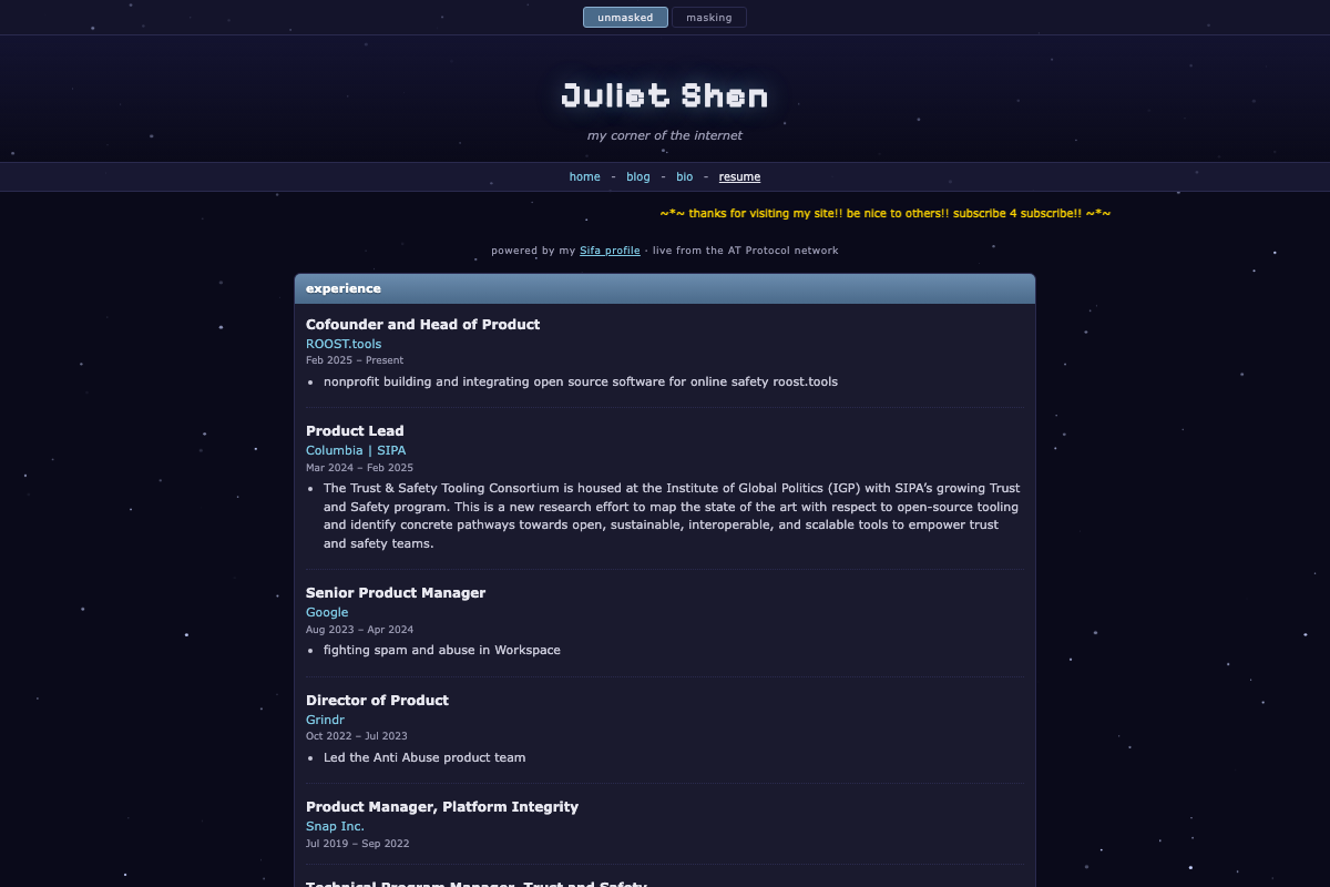 Screenshot of julietshen.online/resume.html