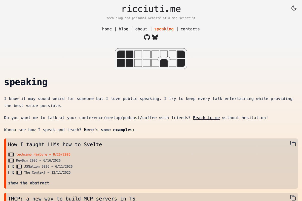 Screenshot of ricciuti.me/speaking
